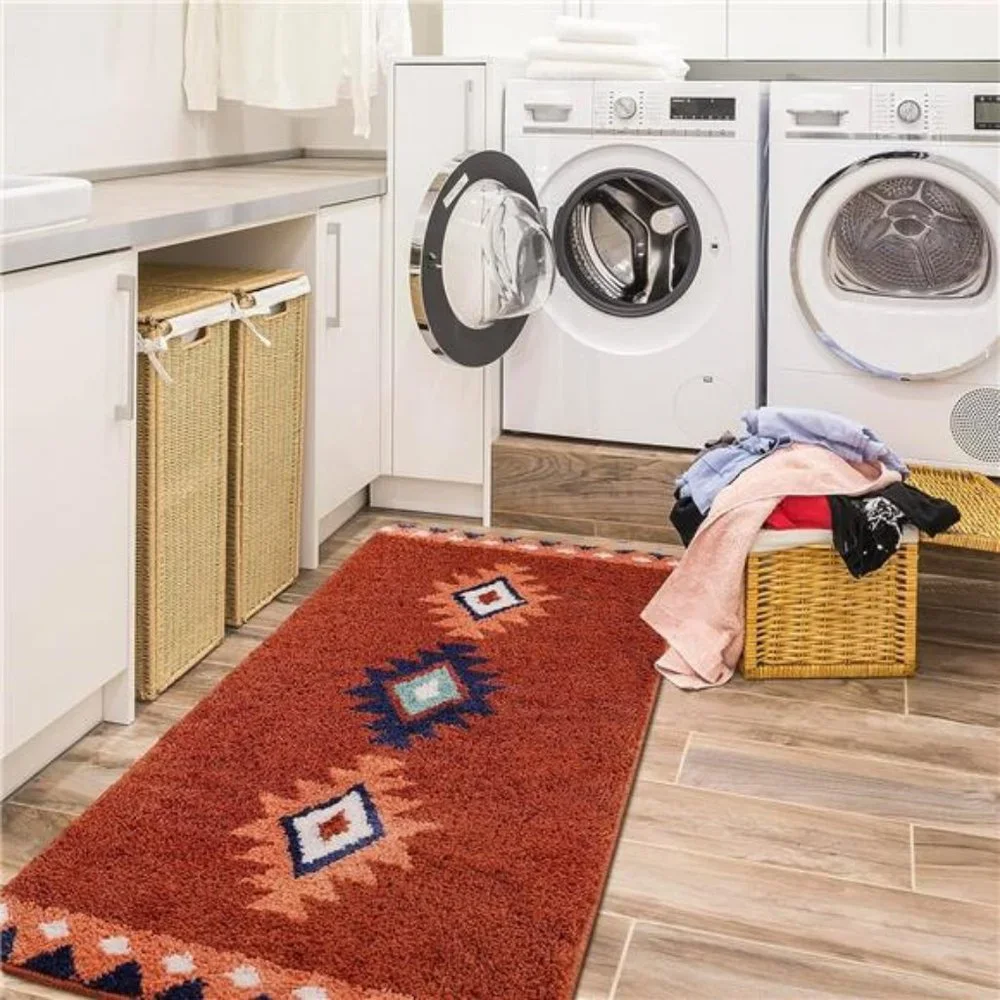 Boho Style Bathroom Rug, Bohemian Terracotta Color Vintage Bathroom Mat